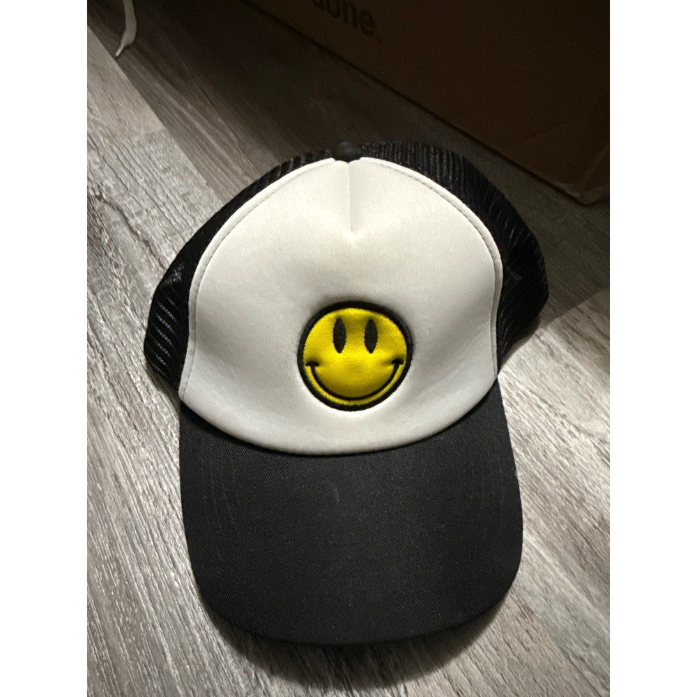 Smiley Face Trucker Hat Black White Foam Mesh Snapback Cap